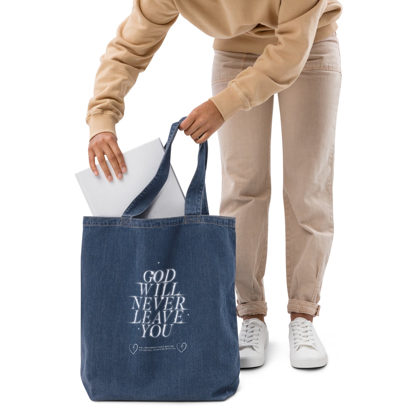 God Will Never Leave You (Organic denim tote bag)