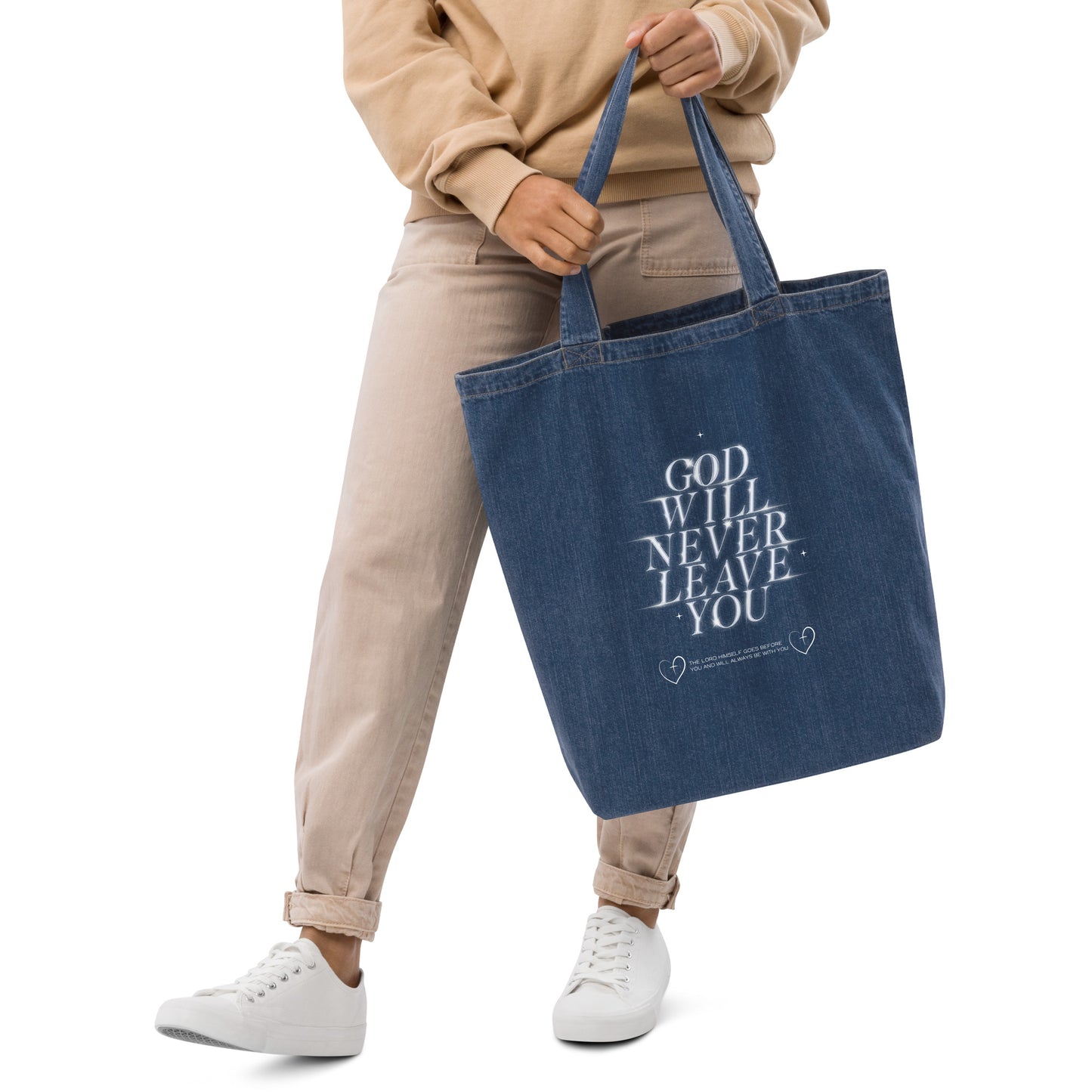 God Will Never Leave You (Organic denim tote bag)